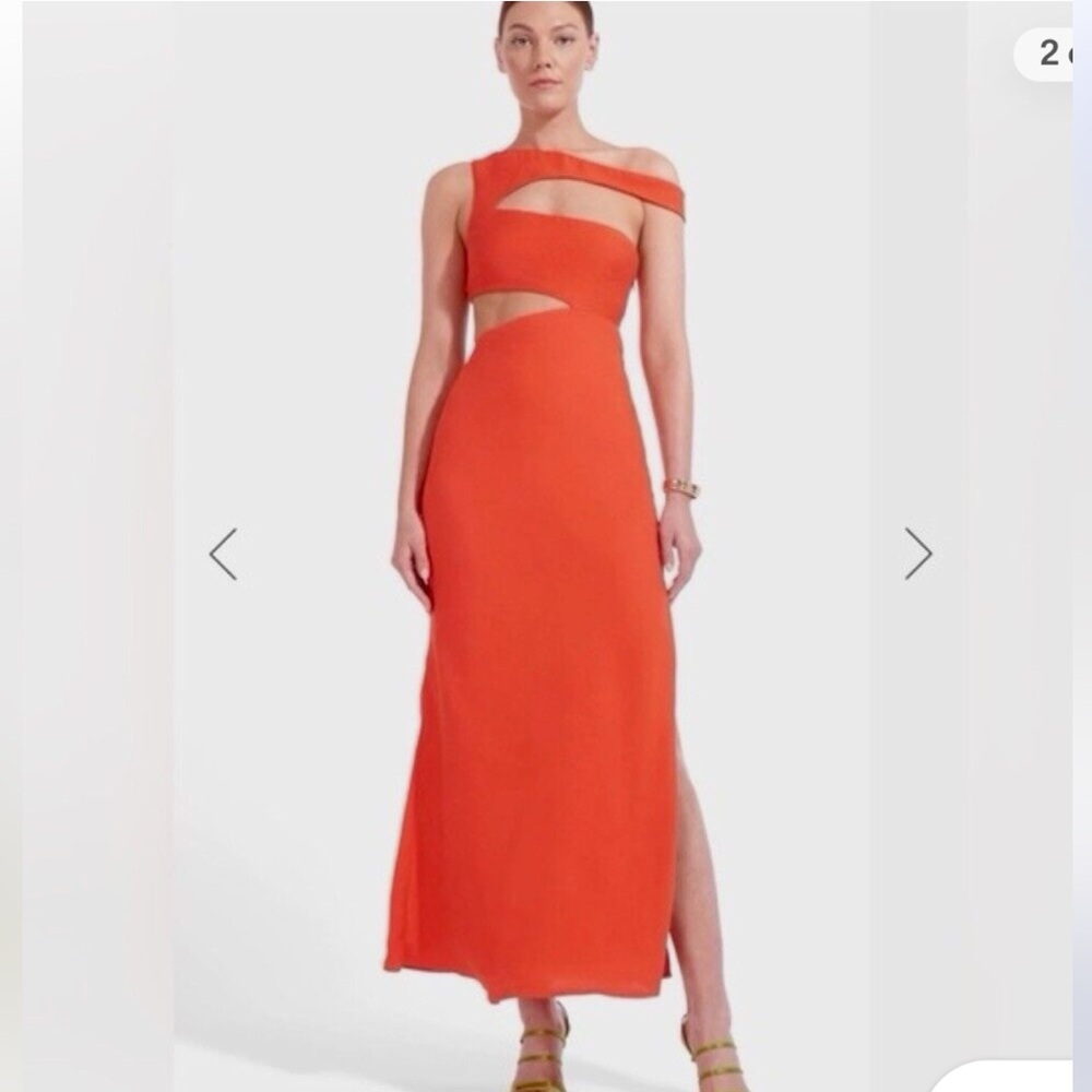STAUD Prismatic Drews with cut-out side slit, off shoulder. Color: Papaya Orange